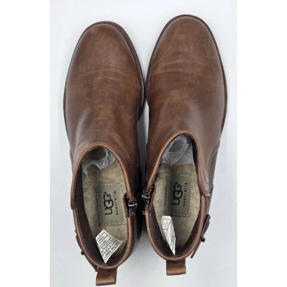 UGG Demi‎ Boot Womens 6 Brown Leather Shearling Lined Ankle Zip Buckle